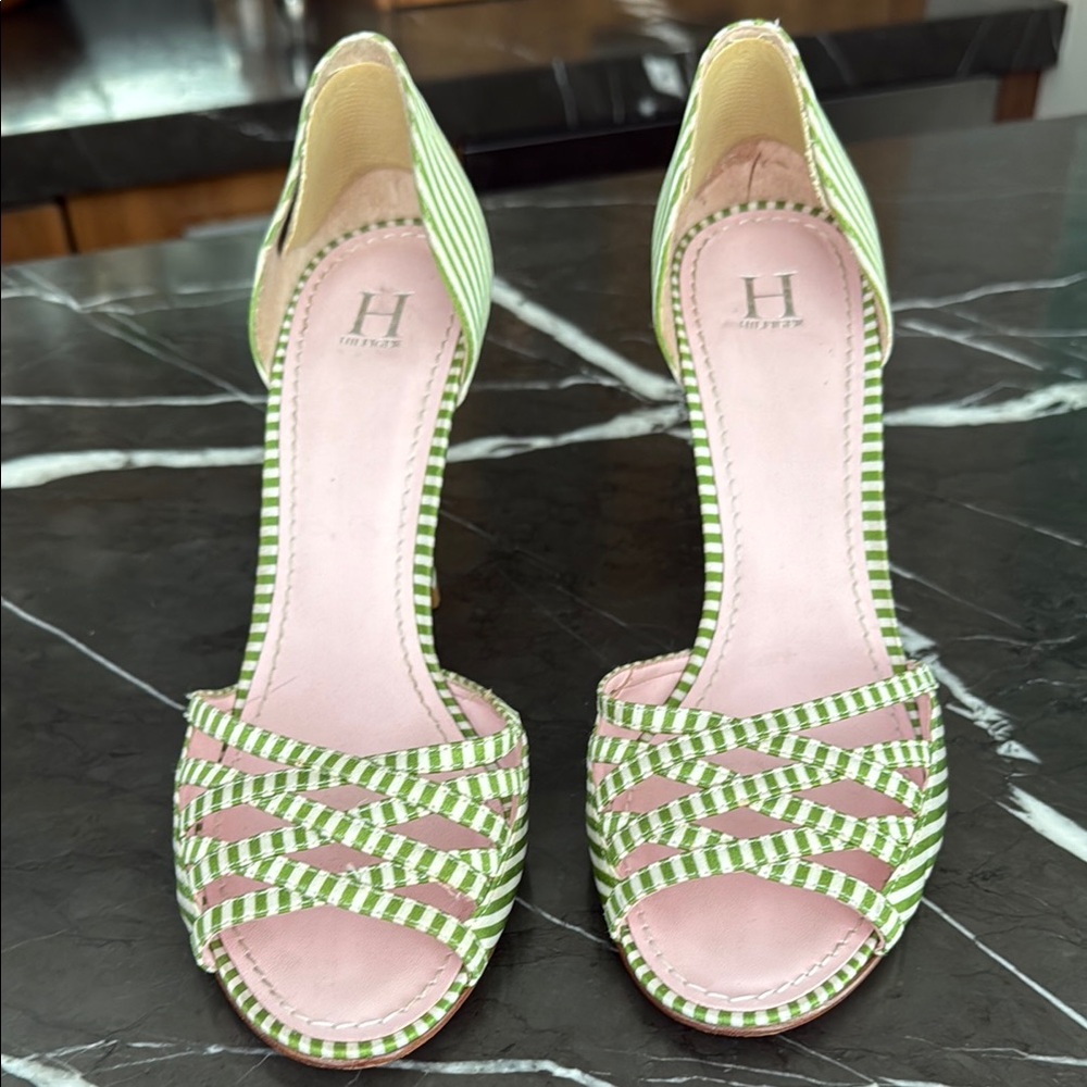 Green/White Stripe Elegant Peep-Toe Heels